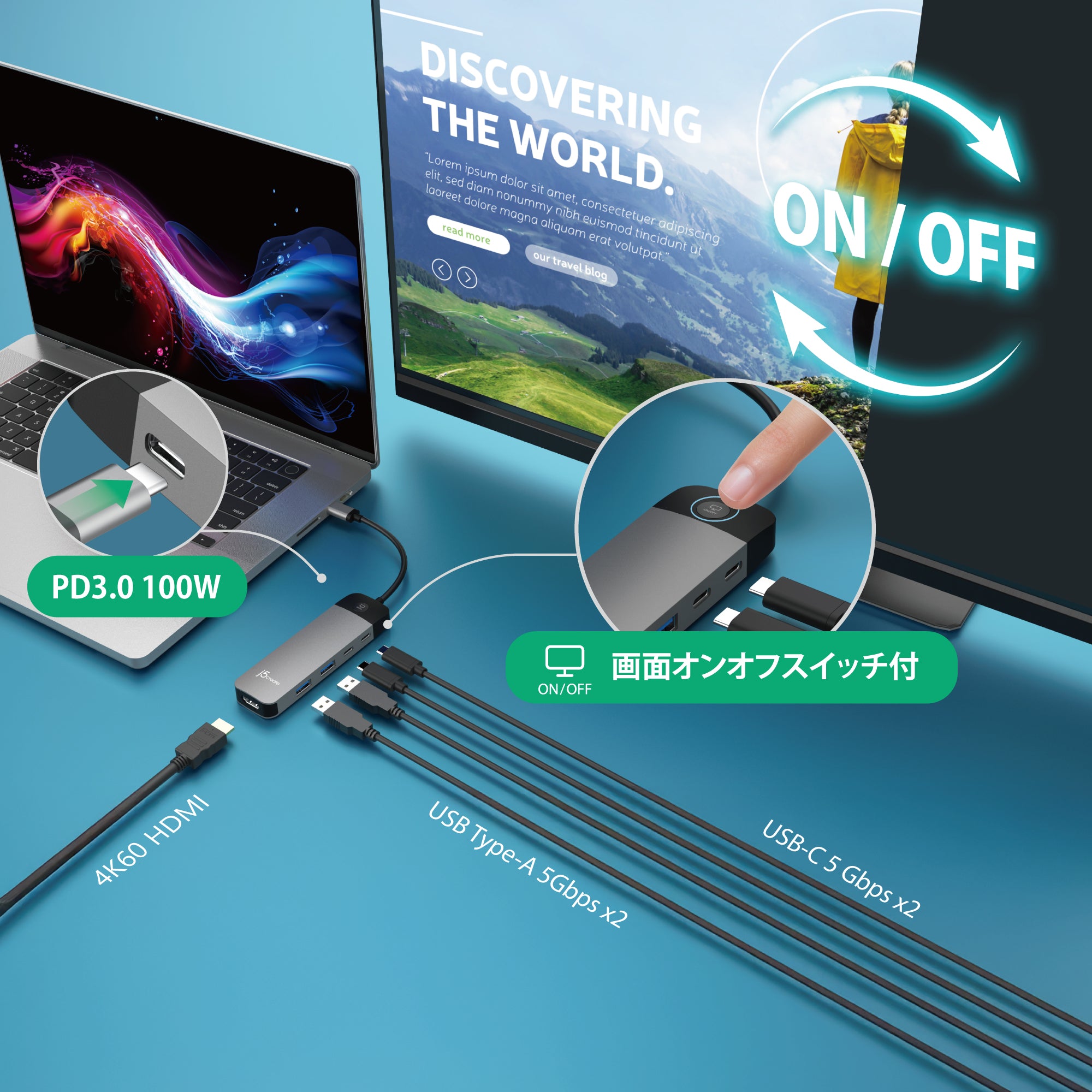 JCD3002 USB-C to 4K60Hz HDMI＆画面ON/OFFスイッチ付＋PD100W 6in1